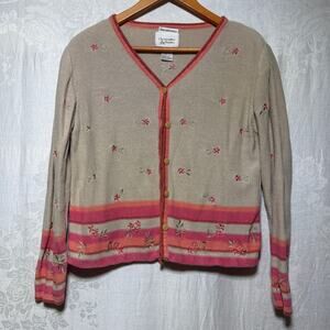 VTG Cardigan Sweater Small Tan Pink Floral Hand Embroidered Beaded Cotton Ramie